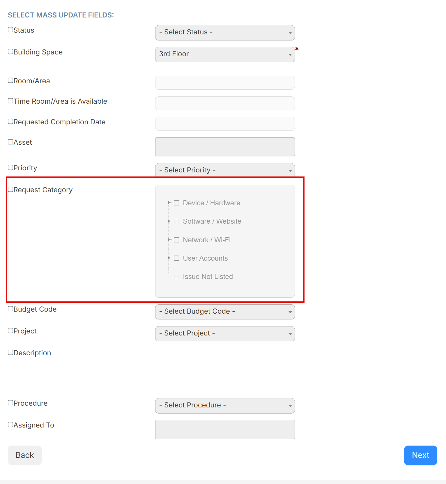 Mass update fields with Request Category called out.